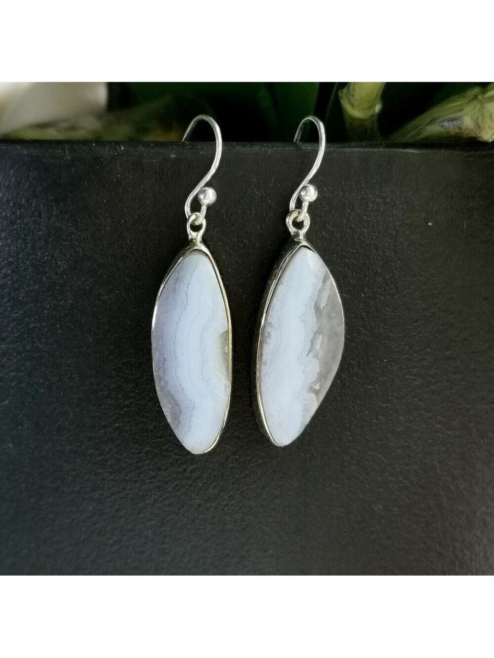 Blue Lace Agate Dangle Earrings Sterling Silver Handmade 🆕